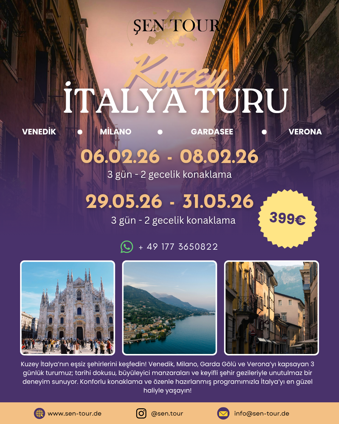 Şen Tour Kuzey İtalya Turu poster – Venedik, Milano, Garda Gölü, Verona